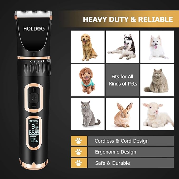 Dog Clippers Professional Heavy Duty Grooming Clipper 3-Speed Low Noise High Power Rechargeable Cordless Pet Tools for Small &amp; Large Dogs Cats Pets with Thick Coats