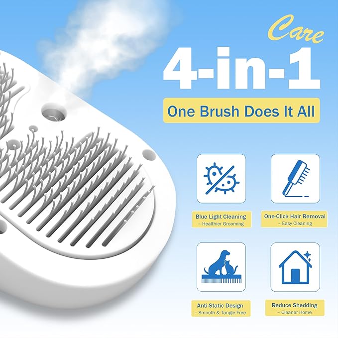 4-in-1 Pet Grooming Steam Brush for Cats &amp; Dogs – Steam Spray, Blue Light, Hair Removal, Self-Cleaning Comb – Includes Pet Waterless Shampoo