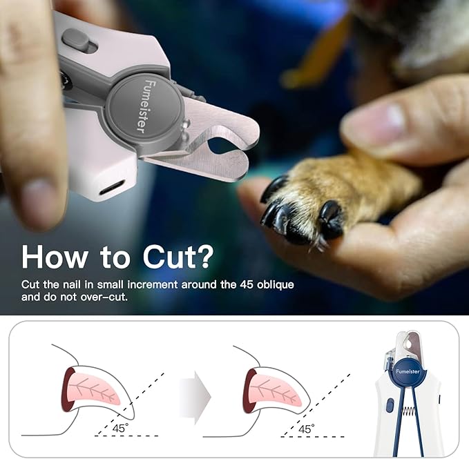 Type-C Rechargeable Dog &amp; Cat Nail Clippers - LED Pet Nail Trimmer with Built-in Nail File, Extra Sharp Blades for Small &amp; Medium Dogs, Indoor Cats (White-Gray)