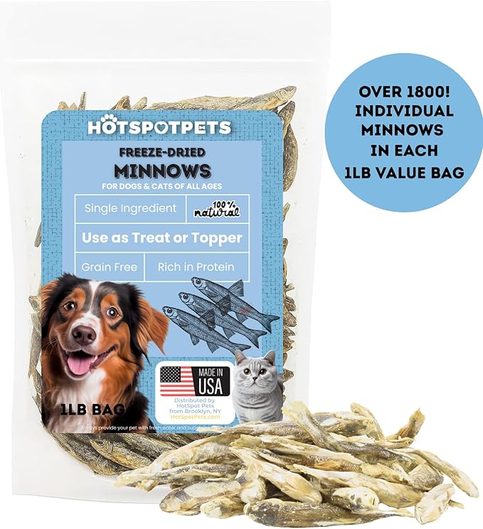 hotspot pets Freeze Dried Minnows Treats for Cats &amp; Dogs (1 Pound Bag Over 1800 PCS!) (Made in USA) All Natural, High Protein, Rich in Omega-3s, Grain-Free,Perfect for Training, Topper or Snack