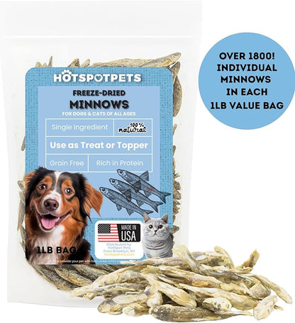hotspot pets Freeze Dried Minnows Treats for Cats &amp; Dogs (1 Pound Bag Over 1800 PCS!) (Made in USA) All Natural, High Protein, Rich in Omega-3s, Grain-Free,Perfect for Training, Topper or Snack