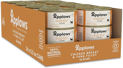 Applaws Natural Wet Cat Food in Broth, Limited Ingredient Canned Wet Cat Food, No Additives, Made with Natural Ingredients, Chicken Breast &amp; Tuna Fillet in Broth (24 x 5.5oz Cans)
