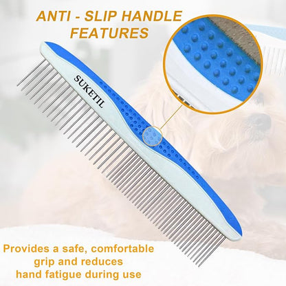 Dog Grooming Comb for Matting, Dog combs for grooming matting, Dematting Comb for Dogs and Cat with Stainless Steel Teeth &amp; Non-Slip Handle (Style 1- Blue)