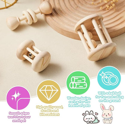3 Pcs Wooden Bunny Toys - Safe Rabbit &amp; Guinea Pigs Teeth Grinding Toys for Chinchillas, Hamsters &amp; Small Animals - Indoor &amp; Outdoor