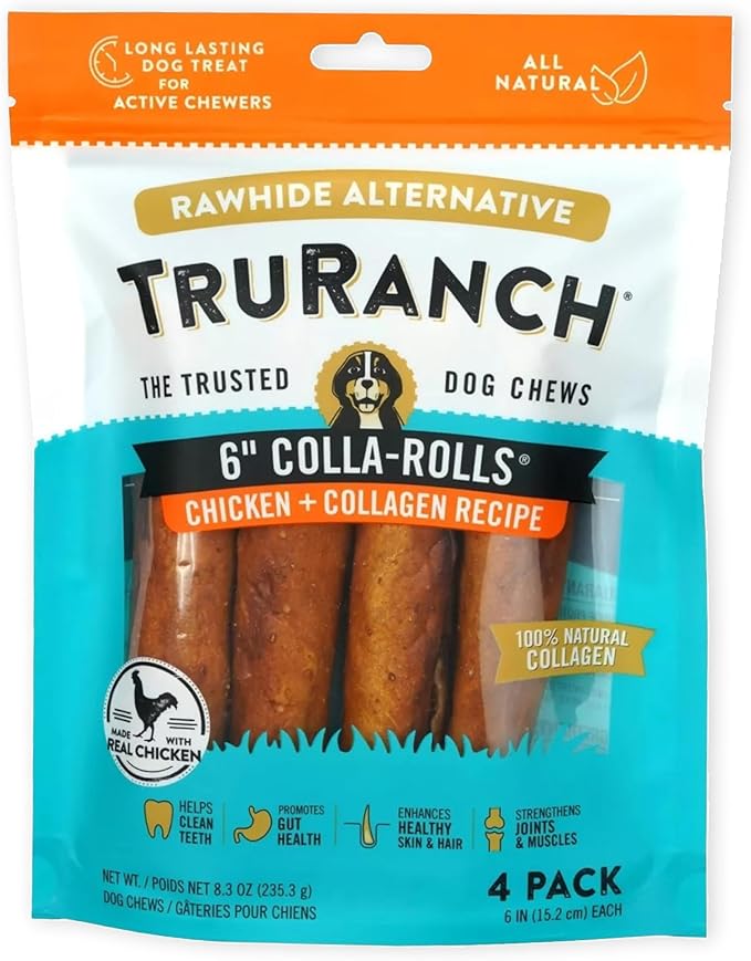 Collagen Rolls - 6" Collagen Rolls for Dogs - Long Lasting Healthy Joint Support Dog Treat - Rawhide Alternative - Skin &amp; Coat Health - Made with Real Chicken, 1 Bag, 4 Count