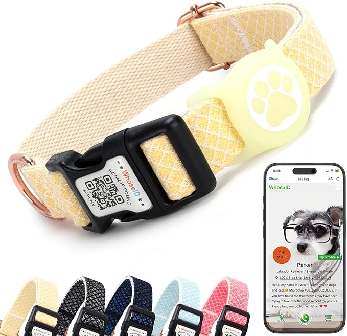 Dog Collar with Waterproof AirTag Holder &amp; Anti-Lost QR Code, Cute Bling Warpping Adjustable Width for Small Medium Large Pet (Yellow, S)