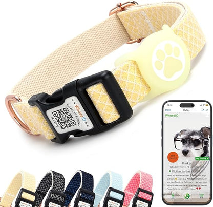 Dog Collar with Waterproof AirTag Holder &amp; Anti-Lost QR Code, Cute Bling Warpping Adjustable Width for Small Medium Large Pet (Yellow, M)