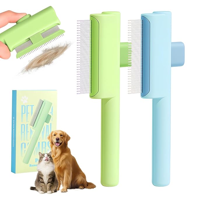 Pet Hair Removal Comb Flea Combs for Cats and Dogs, Pet Flea Comb Grooming Brush with One-Click Release Button, Dog Cat Deshedding Brush for Short &amp; Long Hair (Blue &amp; Green)