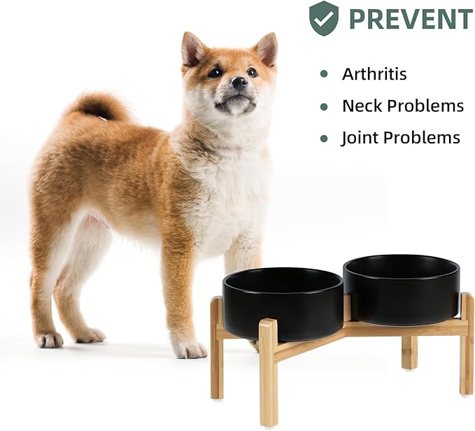 Ceramic Raised Double Bowls Set with Stand, Food &amp; Water Bowls for Medium Breed Dogs, Weighted Dog Dishes, Pet Bowl(7.3&