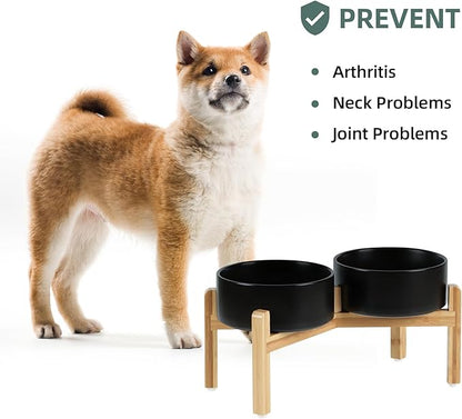 Ceramic Raised Double Bowls Set with Stand, Food &amp; Water Bowls for Medium Breed Dogs, Weighted Dog Dishes, Pet Bowl(7.3&