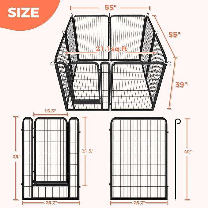 40 Inch Dog Playpen - 8 Panels Metal Pet Exercise Pen for Medium-Large Dogs, Indoor/Outdoor Dog Fence for Yard, Garden, Camping &amp; RV Travel