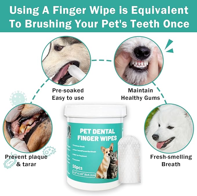 Dog Teeth Dental Finger Wipes for Dogs &amp; Cats No-Rinse Dog Finger Toothbrush Dog Plaque &amp; Tartar Prevention with Brushing Beads Dog Breath Freshene 50pcs