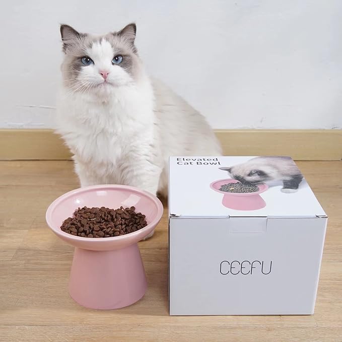 Extra Wide Elevated Ceramic Cat Food Bowl - 6.2" Shallow Dish for Whisker Fatigue Relief, 5" Height for Easy Feeding, Lead &amp; Cadmium Free, Durable Raised Cat Food Bowls, Pink