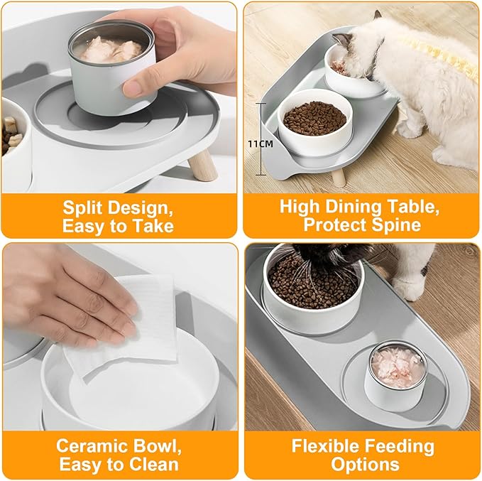 Elevated Dog Bowls Set, Ceramic Pet Food &amp; Water Bowls with Non-Slip Stand, No Spill Design for Cats/Small Medium Dogs Gray