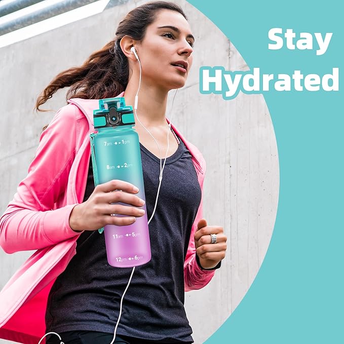 OLDLEY 32 oz Water Bottle, Motivational Water Bottle with Time Marker, Sports Water Bottle With Strap, Leakproof &amp; BPA Free Large Water Bottles for School, Gym, Travel,Tritan,Green&amp;Purple