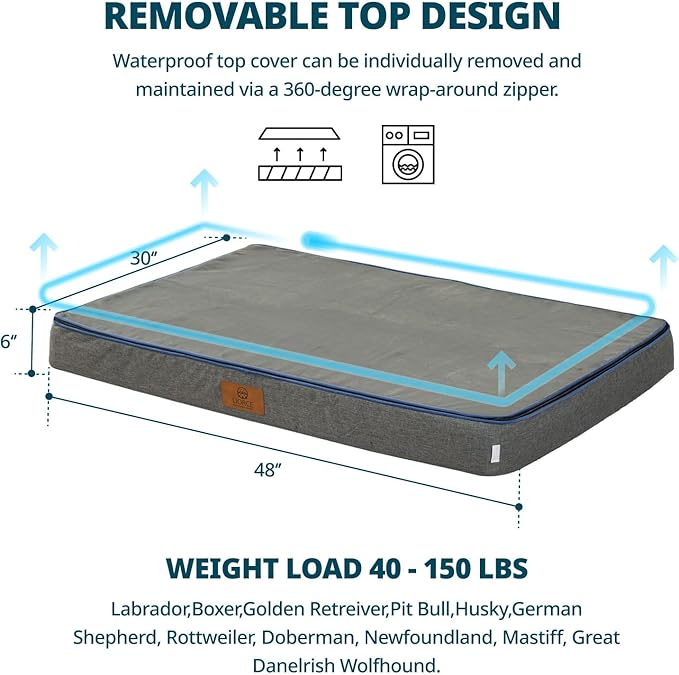 Orthopedic Memory Foam XXL Dog Bed - 6" Thick Beds for Extra Large Sized Dog - Waterproof Removable Washable Cover &amp; Wrap-Around Zipper - Ultimate Comfort &amp; Easy Maintenance, Dary Grey