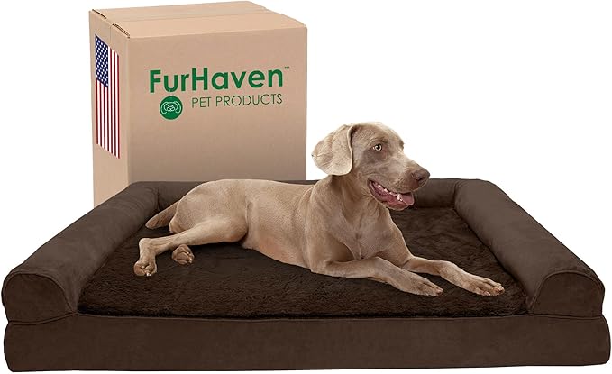 Furhaven Cooling Gel Dog Bed for Large Dogs w/ Removable Bolsters &amp; Washable Cover, For Dogs Up to 125 lbs - Plush &amp; Suede Sofa - Espresso, Jumbo Plus/XXL