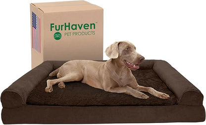Furhaven Cooling Gel Dog Bed for Large Dogs w/ Removable Bolsters &amp; Washable Cover, For Dogs Up to 125 lbs - Plush &amp; Suede Sofa - Espresso, Jumbo Plus/XXL