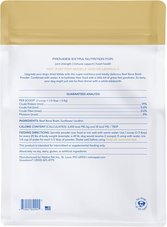 Native Pet Bone Broth for Dogs and Cats - Made with Real Beef Bone Broth, Dog Food Toppers for Picky Eaters- Provides Extra Hydration &amp; Nutrition for Joint Strength, Immunity &amp; Heart Health-192 Scoops