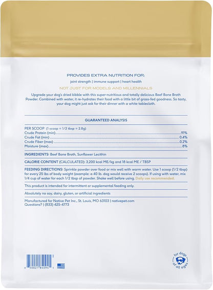 Native Pet Bone Broth for Dogs and Cats - Made with Real Beef Bone Broth, Dog Food Toppers for Picky Eaters- Provides Extra Hydration &amp; Nutrition for Joint Strength, Immunity &amp; Heart Health-192 Scoops