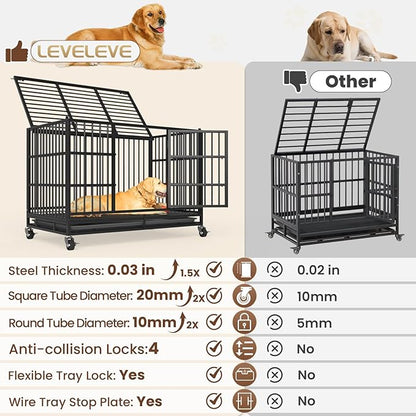 LEVELEVE 54 Inch Heavy Duty Indestructible Dog Crates for Large Dogs，Escape Proof Dog Cage Large Dogs with Lockable Wheels，Dog Kennel Furniture Indoor&amp;Outside