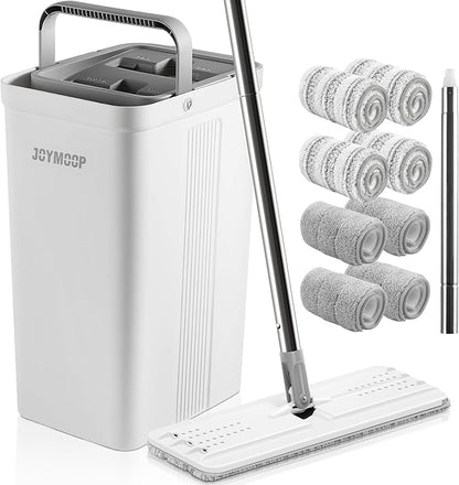 JOYMOOP Mop and Bucket Set with Wringer, Dust Mops for Floor Cleaning, Wall Cleaner with Long Handle,Wet and Dry Use - 8 Microfiber Mop Pads