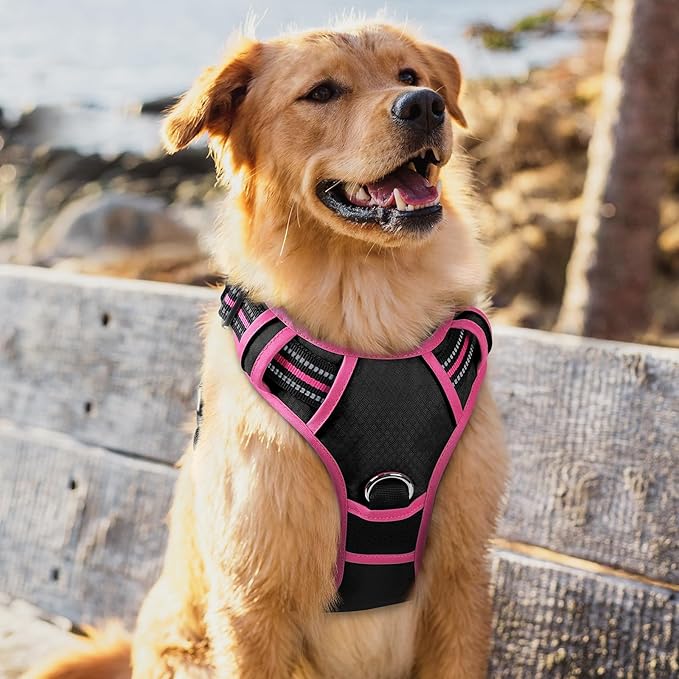 rabbitgoo Dog Harness for Large Dogs, No Pull Pet Vest with 3 Buckles, Adjustable Soft Padded Pet Harness with Easy Control Handle and Reflective Strips, Black &amp; Rose Pink, XL