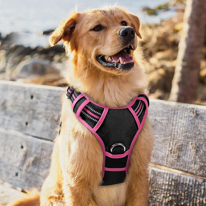 rabbitgoo Dog Harness for Large Dogs, No Pull Pet Vest with 3 Buckles, Adjustable Soft Padded Pet Harness with Easy Control Handle and Reflective Strips, Black &amp; Rose Pink, XL