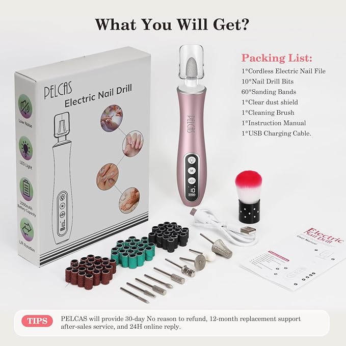PELCAS Electric Nail File, 10 Speeds Cordless Nail Drill Kit with LED Light, Professional Nail Grinder with LCD Screen Portable e File for Human, Pet, Thick Toenails, Natural &amp; Acrylic Nails Pink