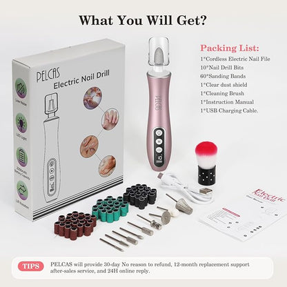 PELCAS Electric Nail File, 10 Speeds Cordless Nail Drill Kit with LED Light, Professional Nail Grinder with LCD Screen Portable e File for Human, Pet, Thick Toenails, Natural &amp; Acrylic Nails Pink