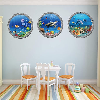 Ocean Animals World Under Sea Decor Includ Sea Turtles Dolphins Fishes 3 Pcs Removable 3D Peel and Stick Vinyl Stickers for Bathroom,Wall Decor,Wall Stickers,Bedroom,Furniture