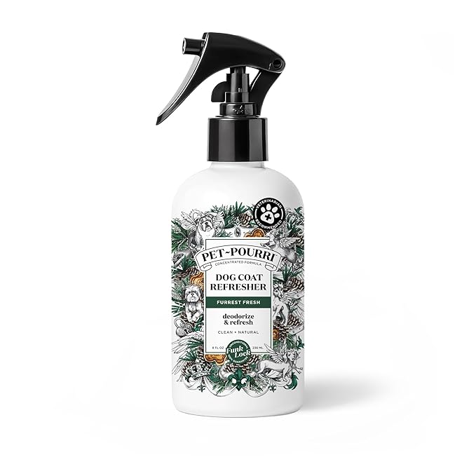 Poo-Pourri Furrest Fresh Dog Deodorizing Spray, 8 Fl Oz Grooming Perfume for Dog Coat, Pet Odor Neutralizer with Essential Oils, Vet Recommended, Paraben &amp; Sulfate-Free Fir, Amber, &amp; Cedarwood Scent