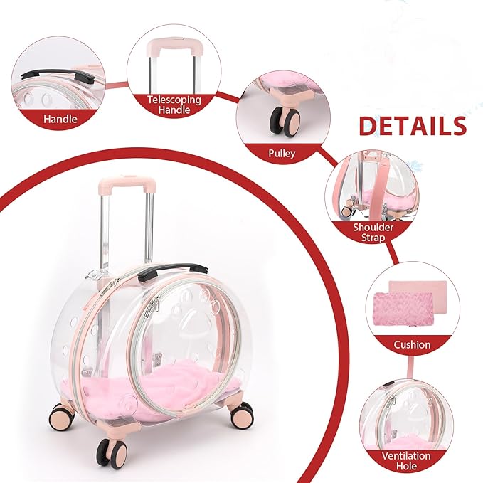 Transparent &amp; Fully Breathable Hard cat Carrier with Rolling Wheels for Dogs, Cats, Multiple Carrying Options, Perfect for Traveling/Taking a Walk