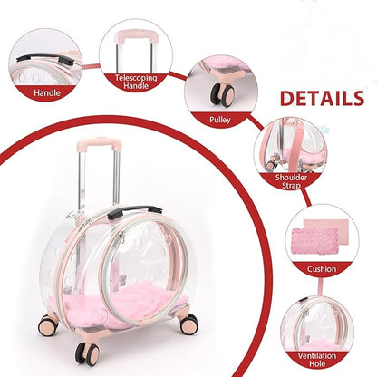 Transparent &amp; Fully Breathable Hard cat Carrier with Rolling Wheels for Dogs, Cats, Multiple Carrying Options, Perfect for Traveling/Taking a Walk