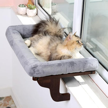 Cat Perch for Window Sill with Bolster - Orthopedic Hammock Design with Premium Hardwood &amp; Robust Metal Frame - Cat Window Seat for Large Cats and Kittens - Dark Stained Wood with Gray Bed