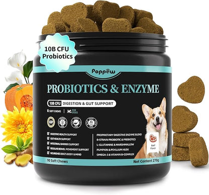 Probiotics for Dogs, Digestive Enzymes for Gut Health Support, Dog Fiber Supplement with Pumpkin for Diarrhea &amp; Bowel Support, Upset Stomach &amp; Gas Relief, Constipation - 90 Count Beef Flavor