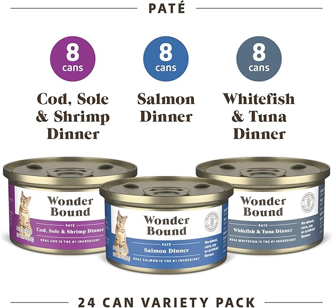 Amazon Brand - Wonder Bound Wet Cat Food, Pate, No Added Grain, Variety Pack (Cod, Sole &amp; Shrimp, Salmon, White Fish &amp; Tuna), 3 ounce (Pack of 24)