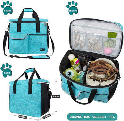 PetAmi Travel Bag Organizer - Dog &amp; Cat Diaper Bag with Food Container and Bowls, Perfect for Weekend Camping (Sea Blue, Large)