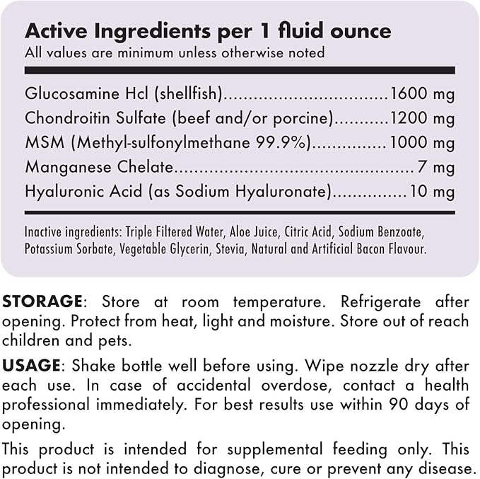 Liquid Glucosamine for Dogs Bacon Flavour Chondroitin, MSM &amp; Hyaluronic Acid K9 Supplement Hip and Joint Formula Advanced Mobility Joint Pain Relief Senior Advanced Supplement for All Breeds 32 oz