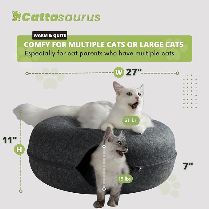 Cattasaurus Peekaboo Cat Cave, Extra Spacious for Multiple &amp; Large Cats 12+ lbs, Scratch Detachable Beds for Indoor Cats, Washable Tunnel Bed, Comfy Cat Donut Tunnel (Light Gray+Dark Gray, Jumbo)