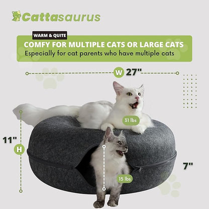 Cattasaurus Peekaboo Cat Cave, Extra Spacious for Multiple &amp; Large Cats 12+ lbs, Scratch Detachable Beds for Indoor Cats, Washable Tunnel Bed, Comfy Cat Donut Tunnel (Dark Gray+Dark Gray, Jumbo)