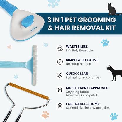 3 in 1 Analan Cat Brush Pet Hair Remover for Dog &amp; Cat, Self-Cleaning Slicker Brush for Pet Grooming, Perfect Pet Hair Removal Tool for Furniture Carpets Couches and Bedding (Sky Blue)