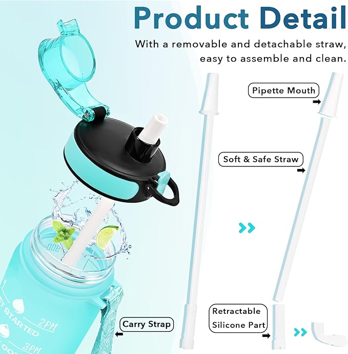 Enerbone Water Bottle, Leakproof BPA &amp; Toxic Free, Motivational Water Bottle with Times to Drink and Straw, Fitness Sports Water Bottle with Strap for Office, Gym, Outdoor Sports