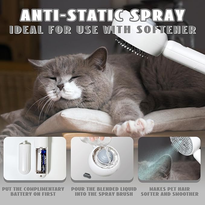 3-in-1 Steam Brush for Cats &amp; Dogs – Hair Removal Comb with One-Click Release &amp; Water Spray – Grooming Brush for Shedding, Long/Short Hair (white brushs)