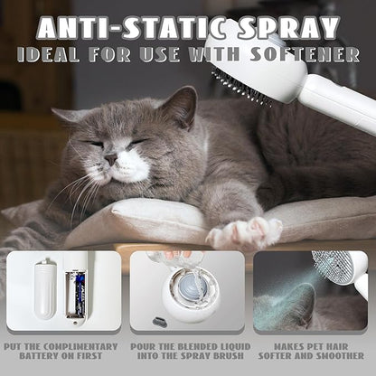 3-in-1 Steam Brush for Cats &amp; Dogs – Hair Removal Comb with One-Click Release &amp; Water Spray – Grooming Brush for Shedding, Long/Short Hair (white brushs-grey)