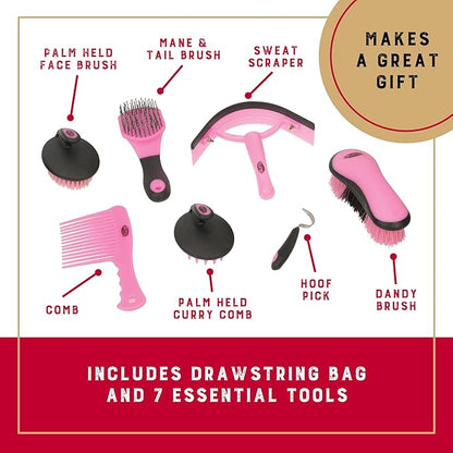 Weaver Leather Horse Grooming Kit, 7-piece Horse Brush Set with Organizer Tote Bag, Equine Care, Horse Tack Room Equipment, Grooming Horse Supplies, Gray/Pink