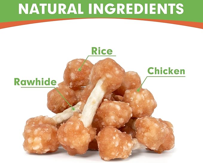 MON2SUN Dog Treats, 16oz Mini Rawhide Chews, Chicken Dumbbells with Rice for Small Dogs &amp; Toy Breed, Crunchy and Healthy (2.5 Inch 30 Count)