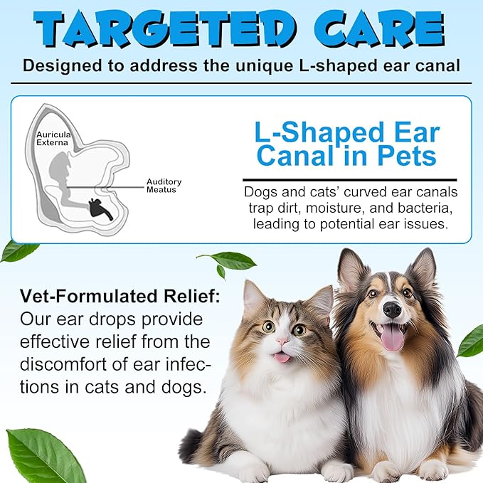 Dog Ear Infection Treatment, Cat &amp; Dog Ear Cleaner for Itchy Relief, Antiseptic,Waxing,Cleansing, Ear Mite Treatment for Dog Cats, Yeast Ears Infection Treatment for Dogs, 2.02fl.oz