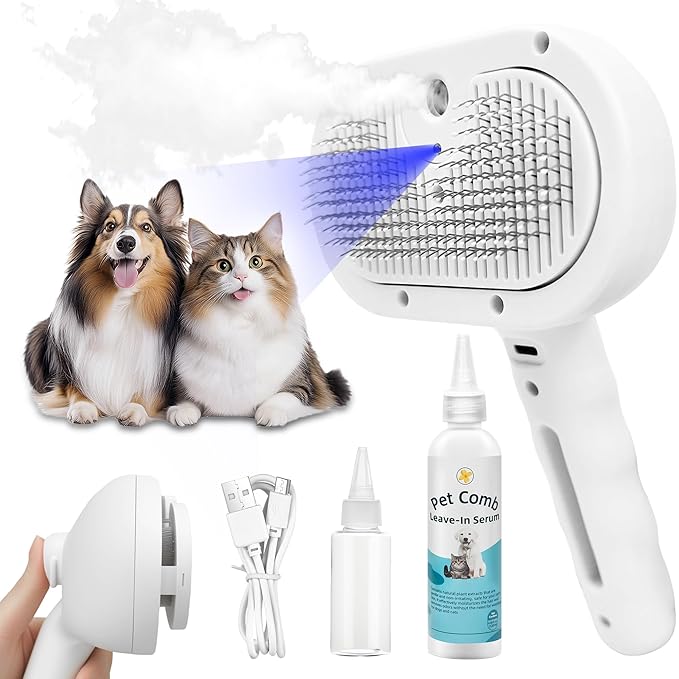 4-in-1 Pet Grooming Steam Brush for Cats &amp; Dogs – Steam Spray, Blue Light, Hair Removal, Self-Cleaning Comb – Includes Pet Waterless Shampoo