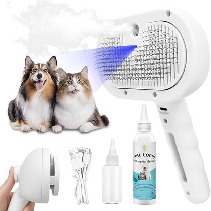 4-in-1 Pet Grooming Steam Brush for Cats &amp; Dogs – Steam Spray, Blue Light, Hair Removal, Self-Cleaning Comb – Includes Pet Waterless Shampoo